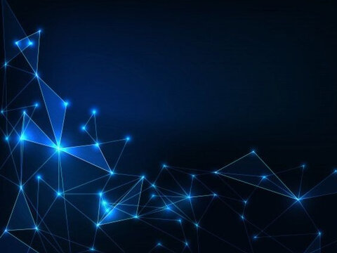 Futuristic digital network with glowing blue nodes and connecting lines on dark background