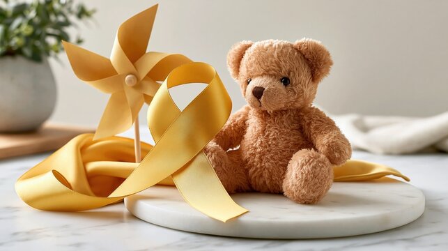 Childhood Cancer Awareness Month: a gold awareness ribbon made of silk fabric laid on a white marble surface next to a small stuffed teddy bear and a paper pinwheel
