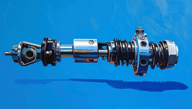 Isolated Chrome Suspension Strut on Blue Background.