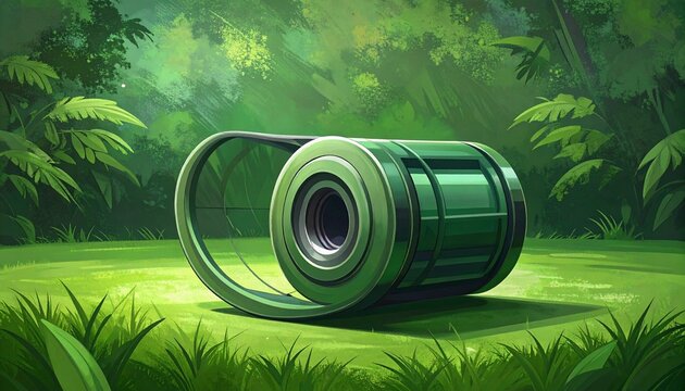 Futuristic Green Camera Lens in Lush Forest Setting.
