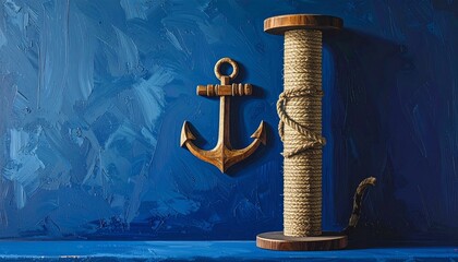 Fototapeta premium Vintage Nautical Anchor and Rope on Blue Background.
