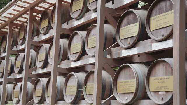 Panning along vibrant wooden sake barrels displayed at Meiji Jingu Shrine highlight Japan's rich brewing heritage and traditional Shinto customs in the heart of Tokyo near Yoyogi park.