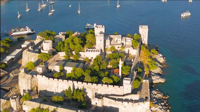 Bodrum, Turkey. Bodrum Castle, medieval stone fortress with crenellated towers and a slender minaret, aerial drone view over the turquoise Aegean Sea with yachts and sailboats. Aerial View, MasterSho