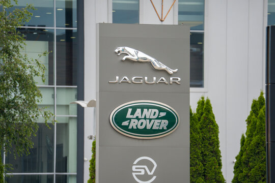 Moscow August 29, 2025 Close-up of Jaguar Land Rover car showroom
