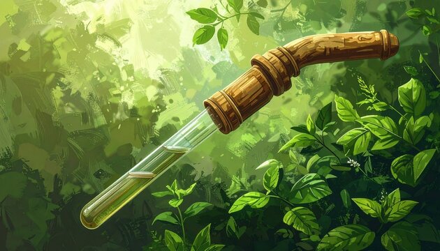 Glass test tube with wooden handle in lush green forest.