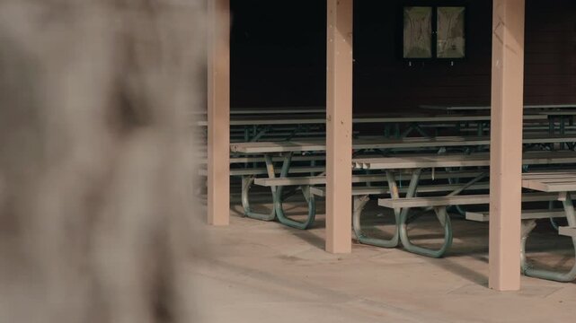 Slow leftward glide past picnic tables ending behind a tree.