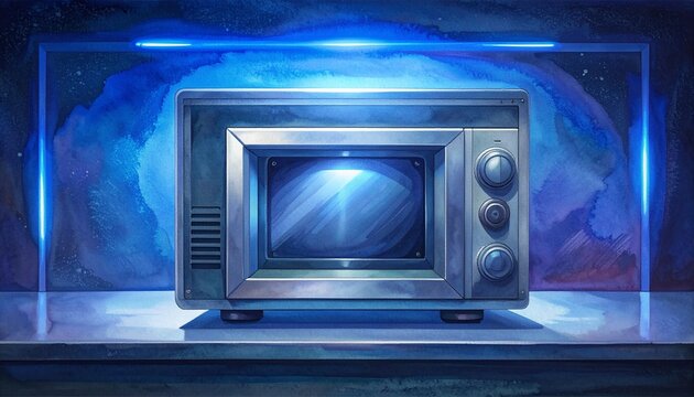 Vintage Microwave Oven with Futuristic Blue Lighting Background.