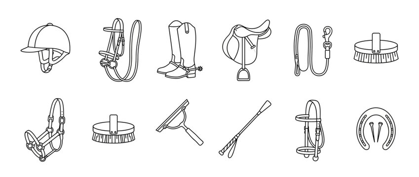 Equestrian Gear Collection Isolated Line Art