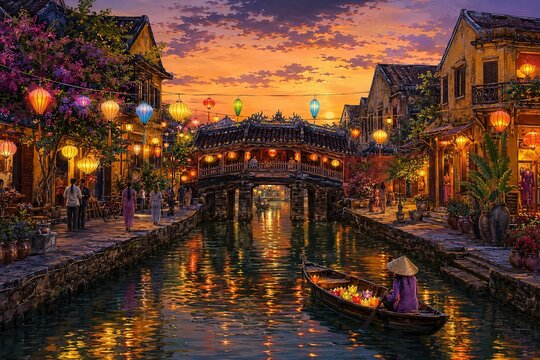 Hoi An Canal at Twilight: Lanterns, Bridge, and Traditional Buildings