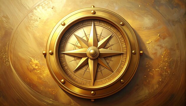 Antique Brass Compass Rose on Textured Gold Background.