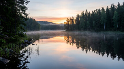 Sunrise over a misty forest lake with calm water reflection and morning fog © Harun
