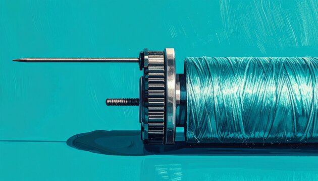 Close up of sewing thread spool with needle and gears.