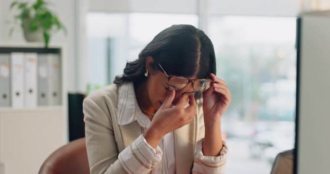 Laptop, woman or migraine with glasses in office for vision fatigue, audit workload or account issue. Accountant, tech and eyewear headache with digital eye strain, tension and overworked on deadline