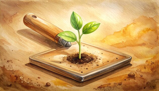 Small green plant growing from tablet device in soil.