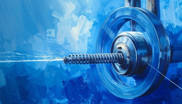 Industrial machinery with blue background and water spray.