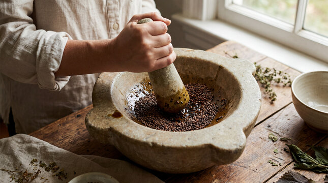 Traditional stone mortar and pestle grinding fresh perilla seeds for artisanal oil extraction commercial concepts