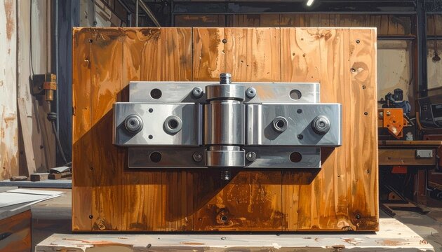Industrial metal components mounted on wooden workbench.