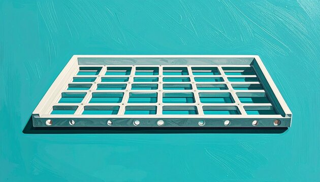 Empty metal grid tray on turquoise background.