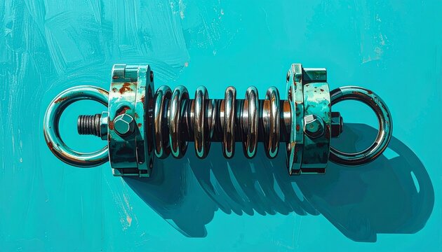 Close up of a metal spring with hooks on teal background.