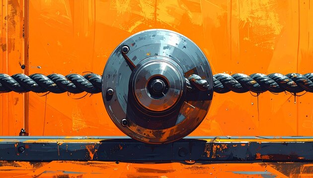 Close up of industrial metal rope and pulley on orange surface.