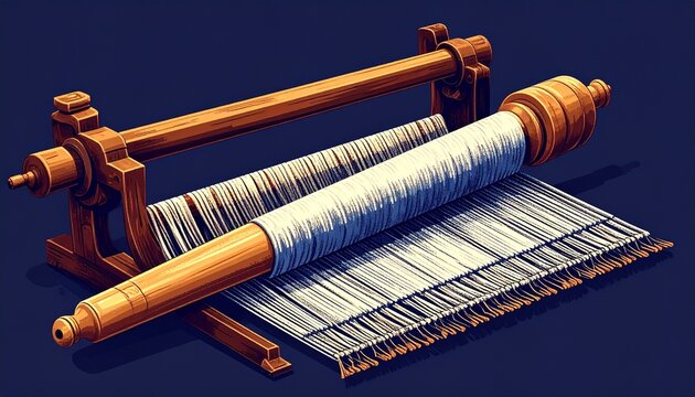 Vintage wooden weaving loom with thread spool and fabric.