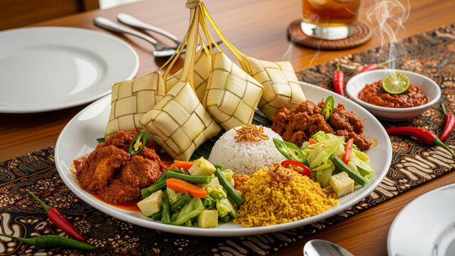 Authentic Indonesian Ketupat Rice Cakes with Beef Rendang and Sambal