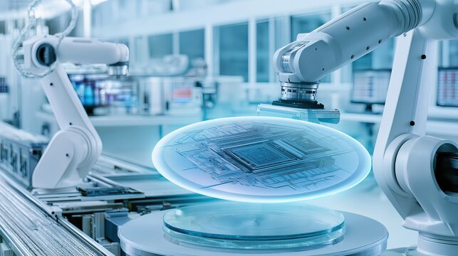  Collaborative robot system transferring patterned wafer between conveyor and station. Modern electronics production within sterile high-tech factory.