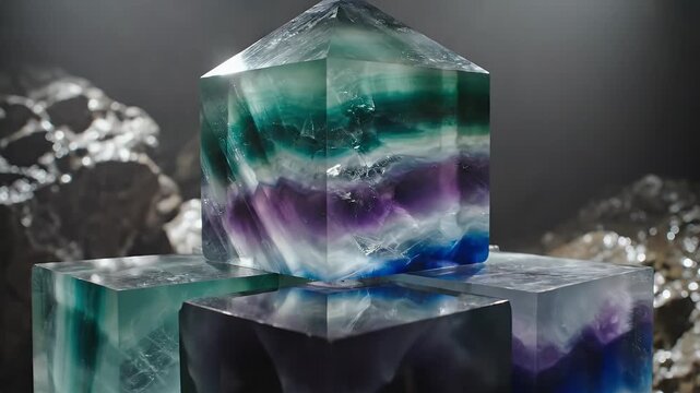 Cubic Fluorite Crystals with Striking Blue and Purple Hues Stacked in a Dark, Rocky Cavern Environment