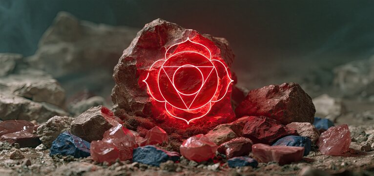 The base chakra symbol glows red, centered among natural earth elements in a serene, spiritual wellness scene.