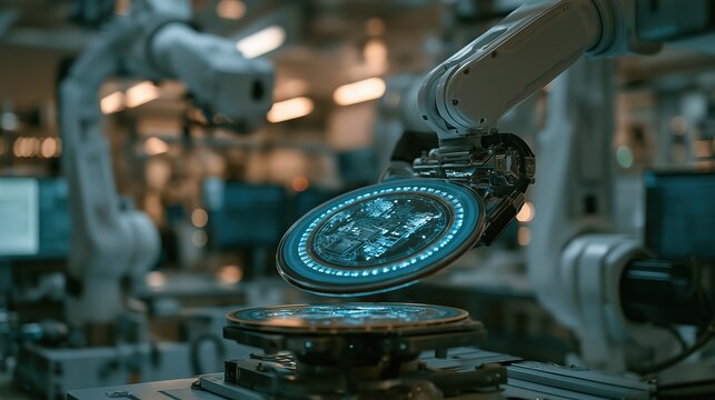 Automated white manipulators holding luminous silicon disc above conveyor belt. High-precision chip fabrication inside bright contamination-free plant.