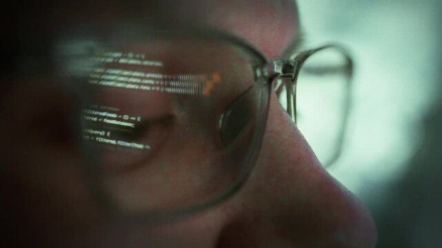 A programmer in glasses works late into the night, eyes fixed on a bright screen as lines of code scroll across the display, the low-light lab humming with focused concentration