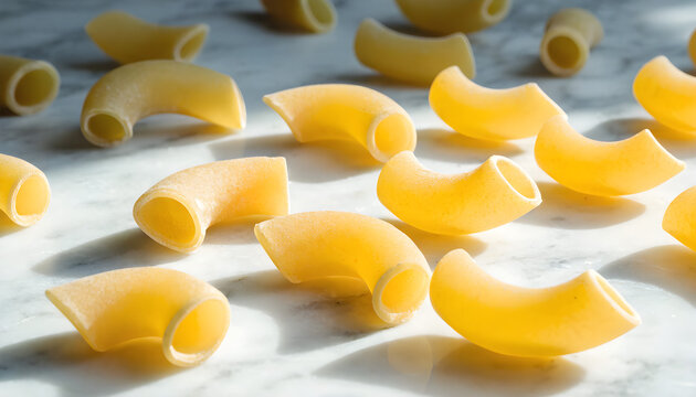 Fresh uncooked elbow macaroni pasta pieces scattered on white background for food styling and recipes