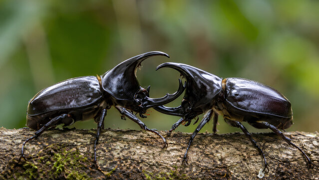 Two Rhinoceros Beetles Fighting on a Tree Branch