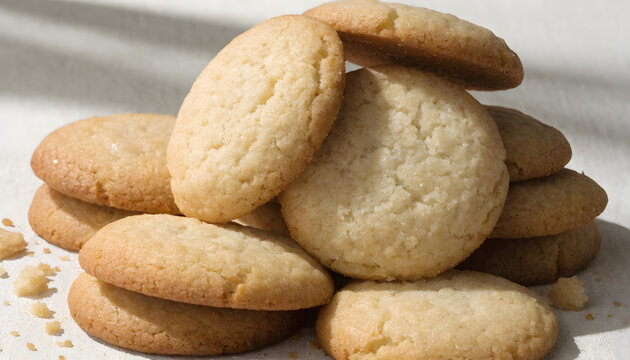 Golden homemade butter cookies stacked casually on parchment paper for rustic bakery display