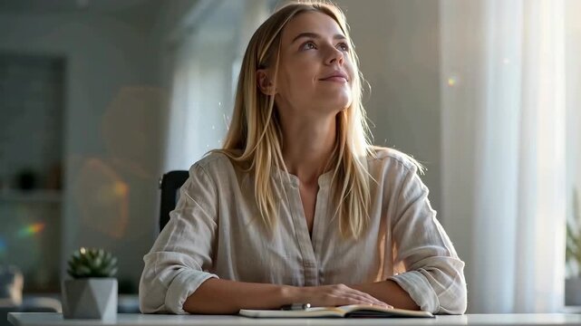Inspired blonde woman sitting at a desk looking up with a hopeful smile. Bright indoor office with soft natural sunlight, open notebook and succulent.