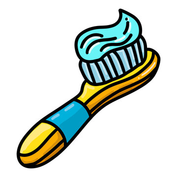 Colorful toothbrush with toothpaste clip art featuring bold black outlines and a playful cartoon style. Perfect for dental care, oral hygiene, kids education, healthy habits, bathroom, and healthcare 