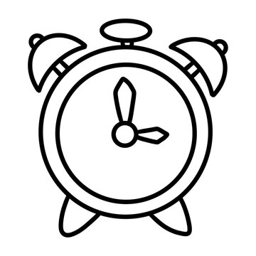 Black and white alarm clock clip art with bold clean outlines and simple cartoon details. Perfect for coloring pages, worksheets, classroom activities, time-learning resources, and educational designs