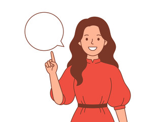 Smiling Young Woman Pointing at Blank Speech Bubble Illustration