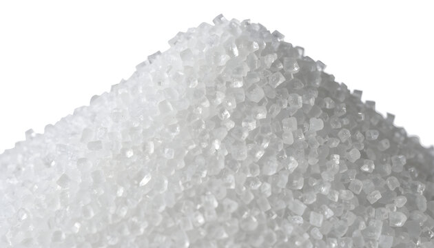 Close-up macro shot of fine white granulated sugar crystals in bright studio lighting