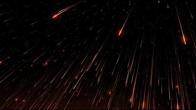 Shooting stars appear in the deep black sky above a dark field, creating light streaks during the night.