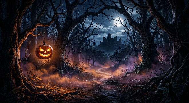 Spooky Halloween forest background with glowing jack-o'-lantern, full moon, and haunted castle at night