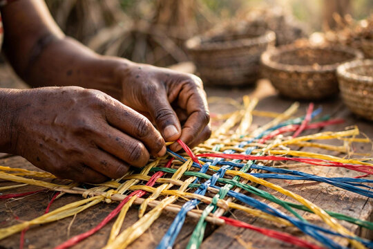 
Close-up of hands weaving colorful traditional raffia mat
