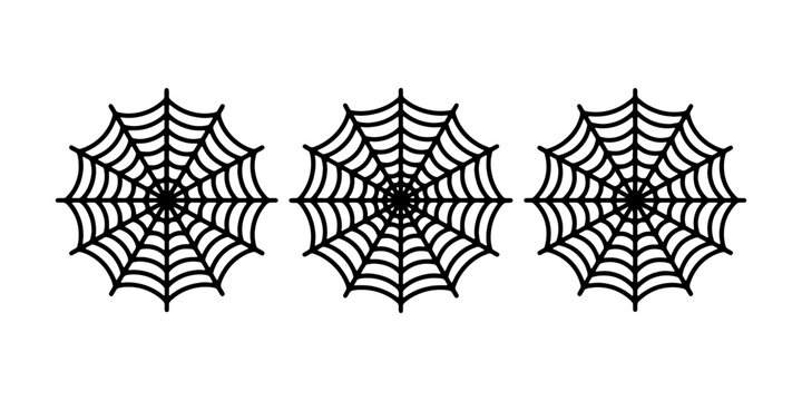 Three intricate black spider webs aligned horizontally on white background silhouette