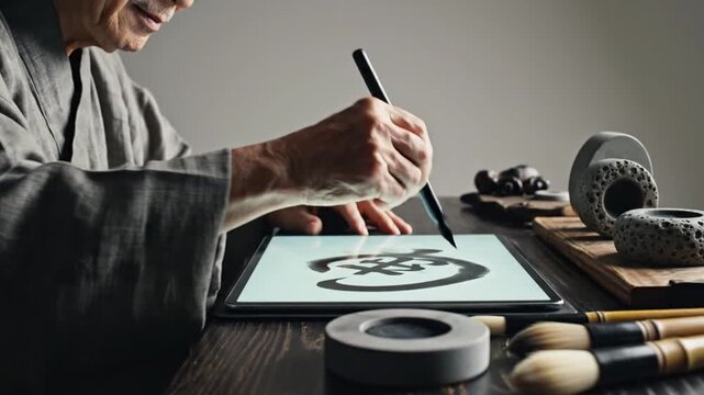 Senior person drawing traditional character on digital tablet with stylus