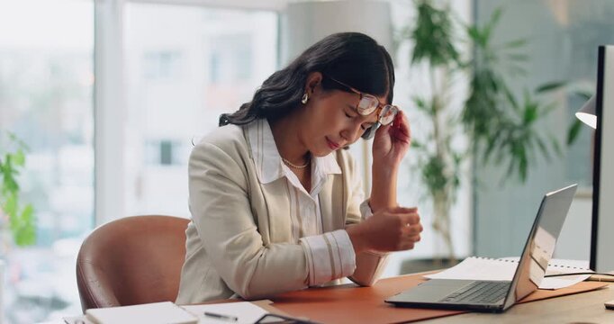Laptop, woman or headache with glasses in office, vision fatigue or audit overload on payroll. Accountant, tech and eyewear migraine with digital eye strain, tension and overworked on report deadline