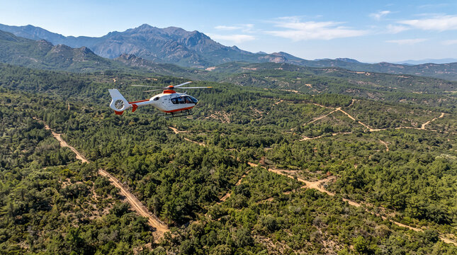 Helic&oacute;ptero sobrevolando un bosque mediterr&aacute;neo para vigilar y prevenir incendios forestales, mostrando gesti&oacute;n y protecci&oacute;n del territorio.
