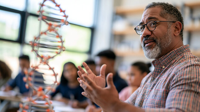 Cropped side view of a biology teacher gesturing at a large DNA double helix model in a bright well-lit classroom, diverse students taking notes, education and science concept, sof
