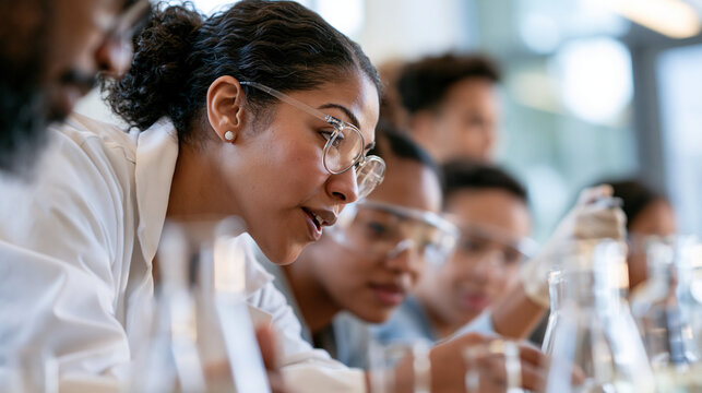 Cropped side view of an instructor demonstrating pipette technique at a lab bench to attentive students, bright modern chemistry classroom, science and discovery concept, crisp cle