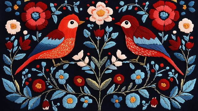 Vibrant embroidered folk art birds perched on floral decorative pattern in traditional handcrafted design