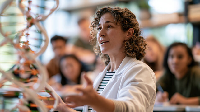 Cropped side view of a biology teacher gesturing at a large DNA double helix model in a bright well-lit classroom, diverse students taking notes, education and science concept, sof